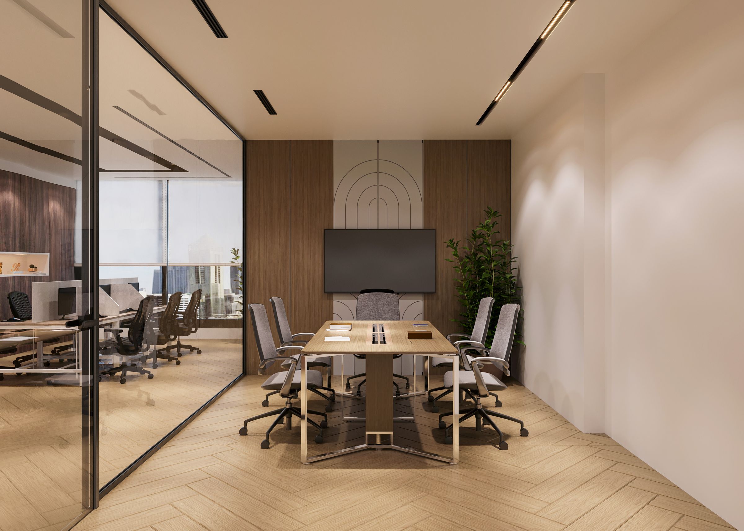 Commercial office interior with wood-look resilient flooring