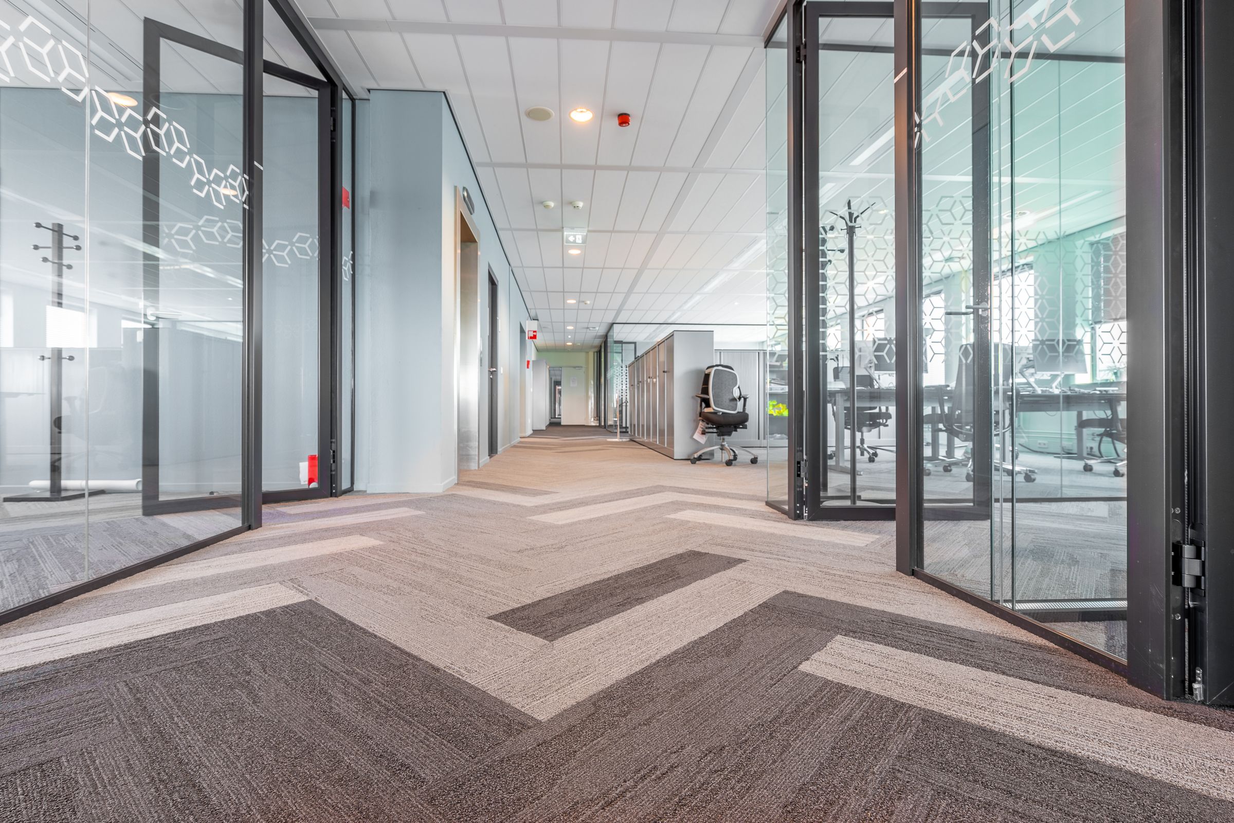 Commercial office corridor with carpet tile flooring