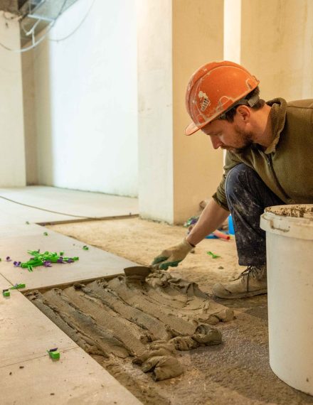 Commercial tile flooring installation in progress
